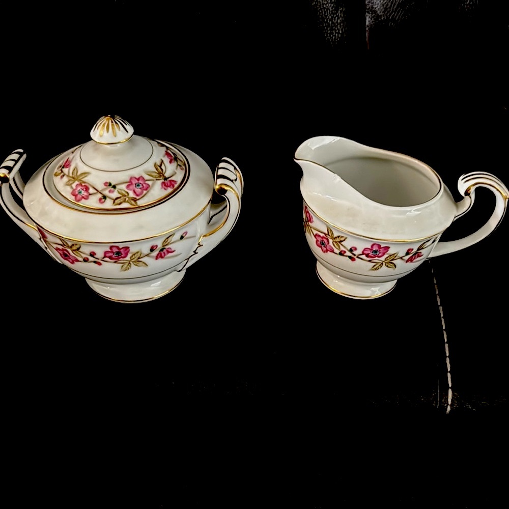 VALMONT CHINA Briar Rose Porcelain Sugar Bowl and Creamer - see pics small chip